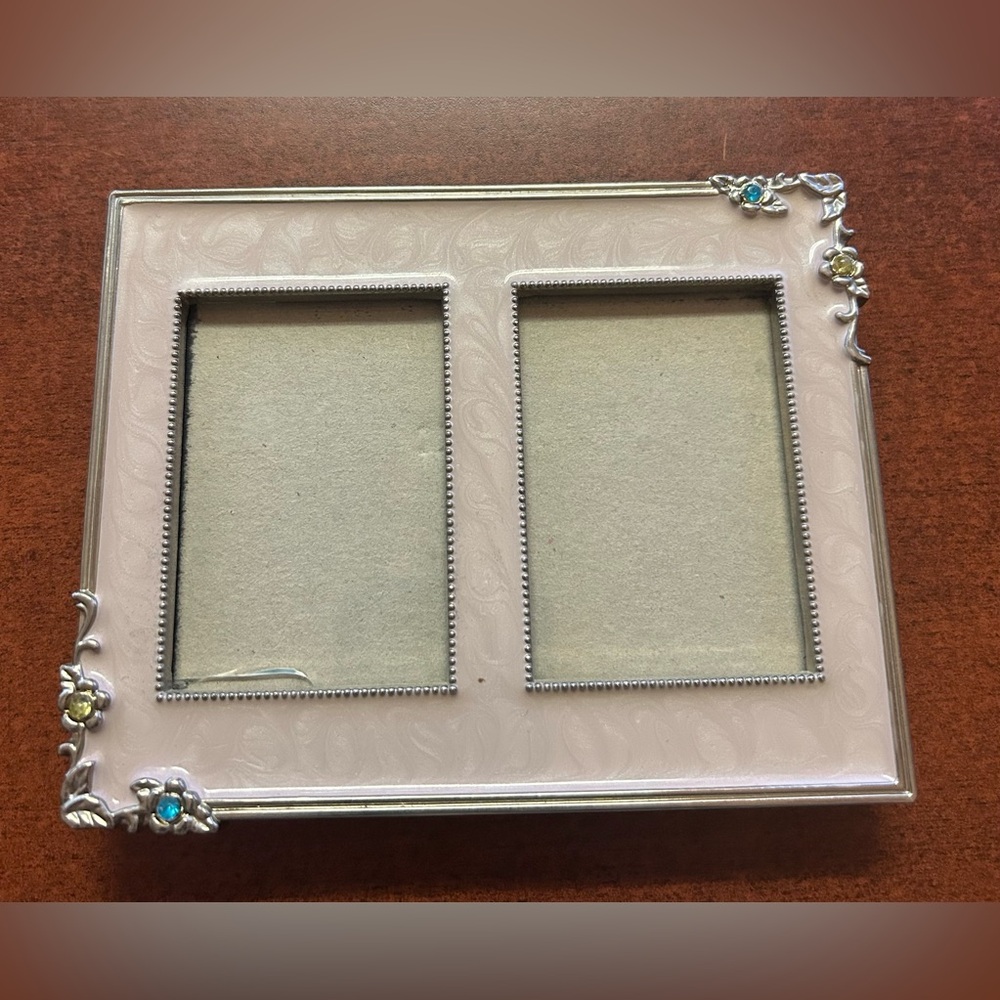 Vintage cottagecore Russ double metal picture frame heavy duty enamel jeweled
